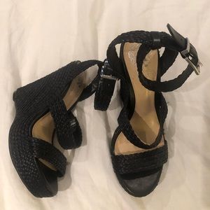 Vince Camuto rafia black woven wedges